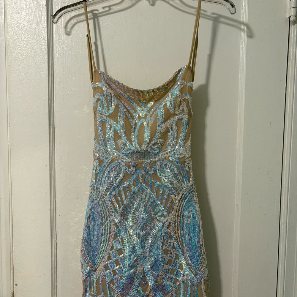 Lucy in the Sky Blue and Gold Slip Mini Dress with Spaghetti Straps for Cocktail